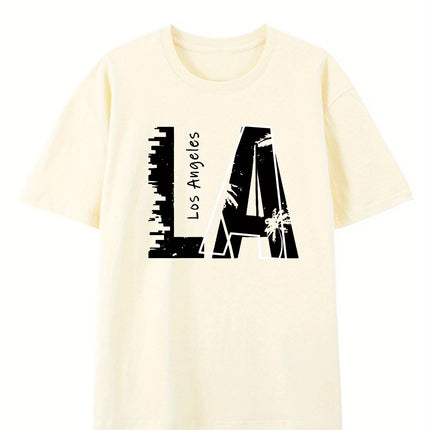 Men's summer 100 cotton fashionable casual loose plus size Los Angeles letter printed sports round neck short sleeved T-shirt