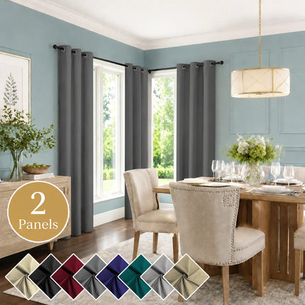 2 PCs Thermal Insulation 100% Blackout White Coating Curtains for Bedroom, Privacy Protection Noise Reduction Room Darken Grommet Top Curtains for Office, Living Room, Dining Room