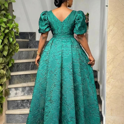 Women V Neck Puff Sleeve Maxi Dress Belted Waist A Line Ball Gown Dress For Formal Evening Party Occasion