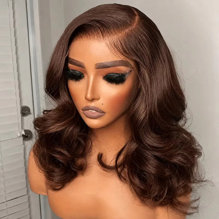 Chocolate Brown 13x4 Body Wave Bob Wig Human Hair Wigs 200 Density #4 Brown Blunt Cut Short Bob Lace Front Wigs Human Hair Short Bob Glueless Wigs for Women