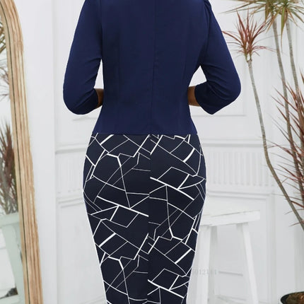 2026 New style fake two-piece slim dress seven-quarter sleeve short coat splicing printed bag hip pencil skirt