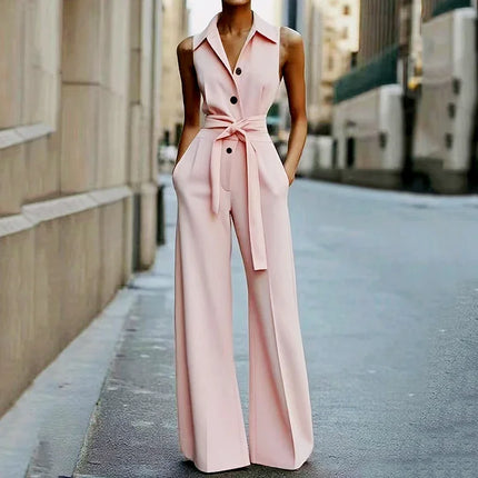 Summer Tie Up Sleeveless Jumpsuits Women Turndown Collar High Waist Commut Single Breasted Wide Leg Pants Solid Color Jumpsuit