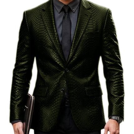 Men's Luxury Crocodile Pattern Leather Blazer Slim Fit Two Button Notch Lapel Suit Jacket Business Casual Wedding Tuxedo Dress