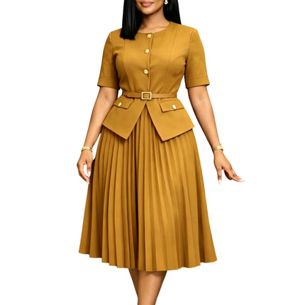 Women's Plus Size Spliced Pleated Dress Summer New Round Neck Solid Color Maxi Dress