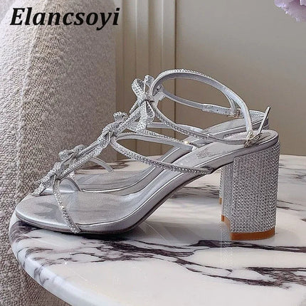 Chunky Heels Sandals Women's Shiny Rhinestone Bow-knot Open Toe Ankle Strap Sandalias Summer Fashion Party Wedding High Heels