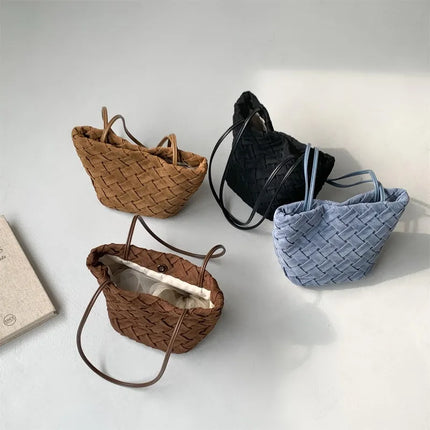 Vintage Hand Woven Checkered Shoulder Bag for Women Fashion New Korean Style Tote Bag Versatile Simple Bucket Bag