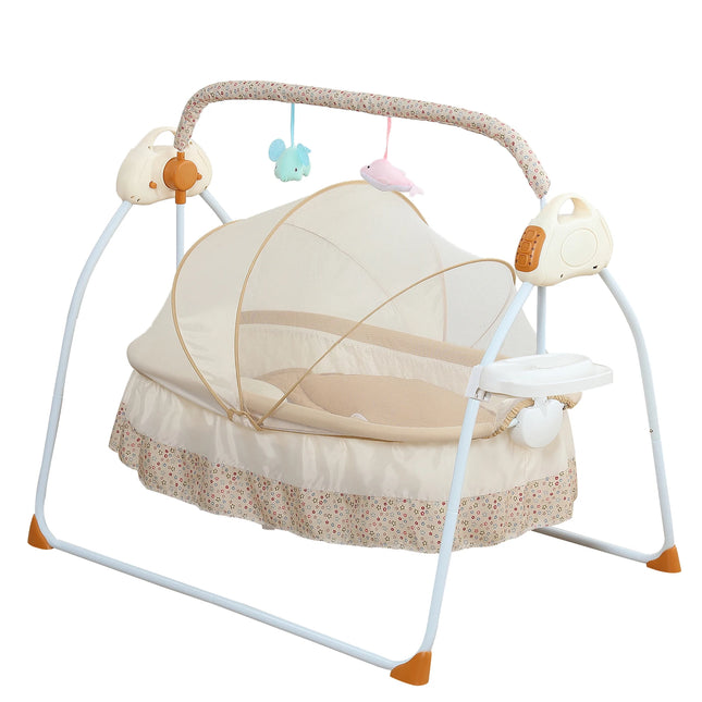 Electric Baby Cradle, 5 Speed Rocking, Bluetooth Lullabies Foldable, Portable 55lbs Capacity Breathable Mosquito Net Safety Straps, suitable for 0-18 Months Nursery Living Room