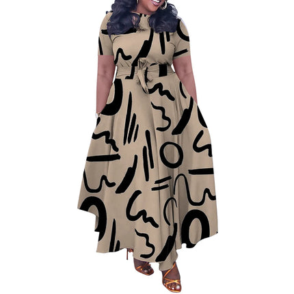 Casual Short Sleeve Woman Dress Office Lady Spring Summer Fashion Casual Loose Print Lace Up Dresses For Women 2024 Female Robe
