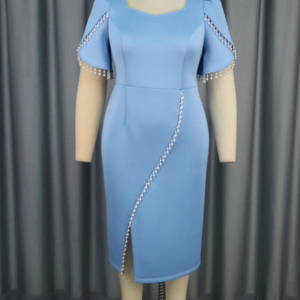 Blue Tassel Evening Gown Square Neck Short Sleeves Beaded Patchwork Wedding Women's Special Occasion Dress 2025 Spring New Style