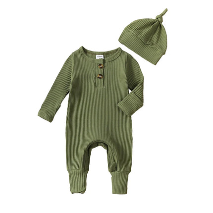 Newborn Baby Boy Clothing Outfits Solid Color Ribbed Long Sleeve Romper Jumpsuit with Hat for Infant Toddler Fall Clothes