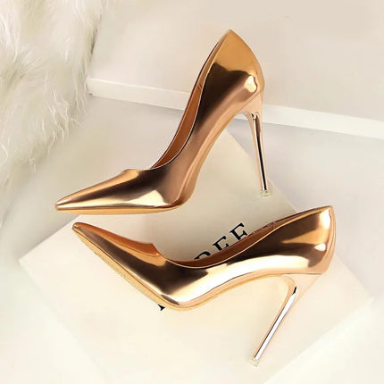 Black patent leather red soled high heels for women 2025 new professional temperament pointed shallow mouth sexy single shoes