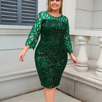Party Dress Plus Size Ladies Midi Sequin Mesh Long Sleeve Lace Elegant Bodycon L-4XL 5XL Evening Dresses Woman Summer