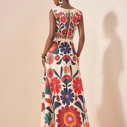 Women Floral Embroidery Maxi Dress Sleeveless Round Neck A-Line Long Dress Summer Beach Wedding Guest Holiday Party Dresses