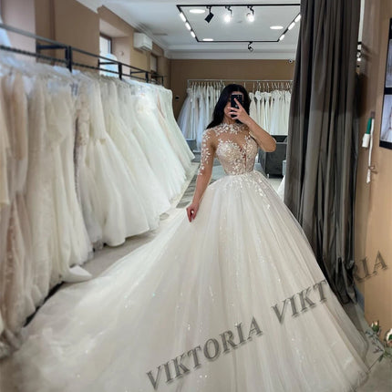 VIKTORIA Princess Shiny Wedding Dresses For Woman Bride Ball Gowns Long Sleeves Tulle Appliques Vestido De Novia Customized