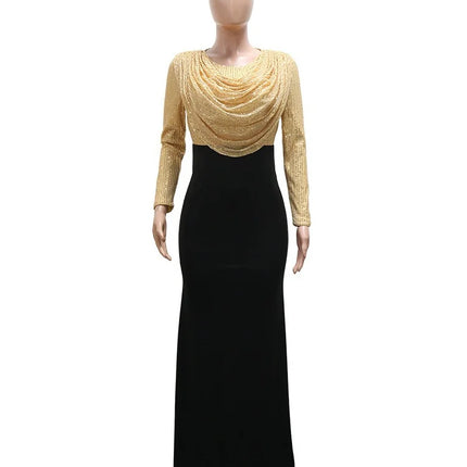Women Sequin Long Sleeve Maxi Dress Pink Cowl Neck Draped Top Black Mermaid Skirt Bodycon Dresses Evening Wedding Guest Formal