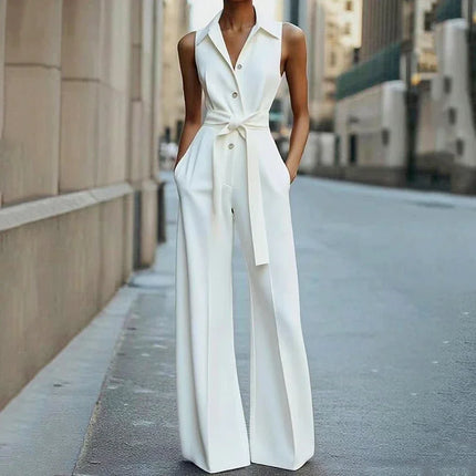 Summer Tie Up Sleeveless Jumpsuits Women Turndown Collar High Waist Commut Single Breasted Wide Leg Pants Solid Color Jumpsuit