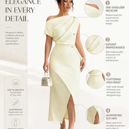 Stretchy Soft Women Off Shoulder Midi Dress, Draped Ruched Asymmetrical Wrap Split Bodycon Dress, Elegant Cocktail Party Wedding Guest Evening Formal Dresses
