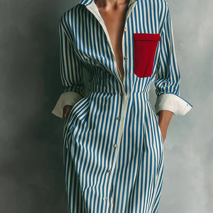 Elegant Striped Print Shirt Dress for Women Casual Turn Down Collar Color Blocking Pocket Long Dresses New Trendy Graceful Robe