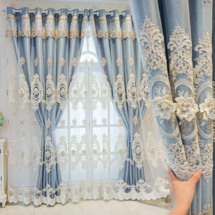 European Luxury Embroidered Floral Curtain Loop Top Thick Blackout Curtains for Living Room Home Decorative Drapes