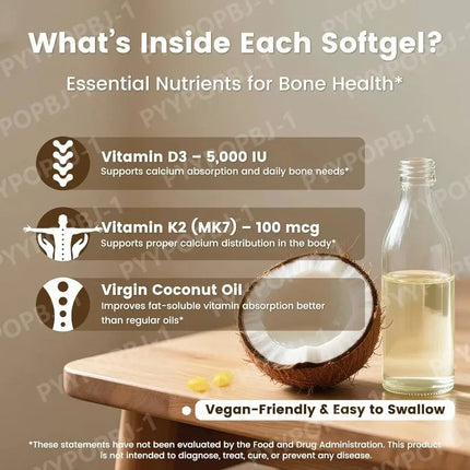 Vitamin D3 K2 Softgels with Coconut Oil, 5000 IU D3 & 100 mcg K2 MK-7, Daily Bone Wellness Support for Men & Women, 300 Count