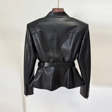 2026 new luxury and fashionable women's clothing belt slim fit leather jacket with multiple pockets motorcycle fashion jacket