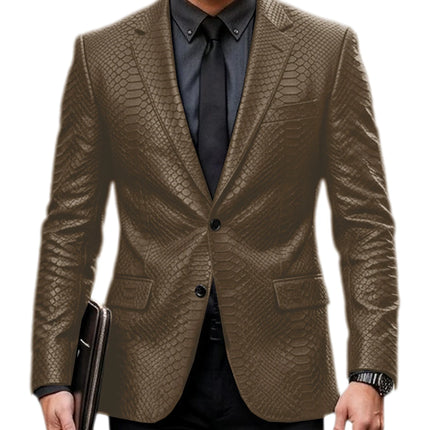 Men's Luxury Crocodile Pattern Leather Blazer Slim Fit Two Button Notch Lapel Suit Jacket Business Casual Wedding Tuxedo Dress