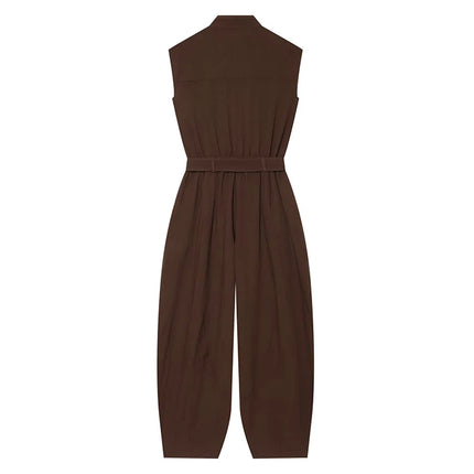 TFMLN Fashion Double Breasted Jumpsuits for Women Stand Collar Sleeveless High Waist Long Pants With Belt Elegant Rompers