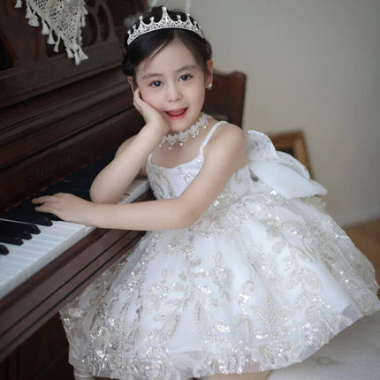 Girls' New Summer  Lace Strap Floral Bow Trailing Princess Dress