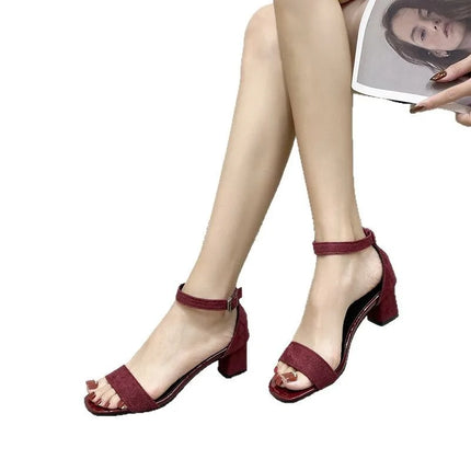 Women Heels Sandals 2025 New Summer Sandal Fashion Square Low Ladies Elegant Dress High Heels Sandal Shoes Outdoor Casual Slides