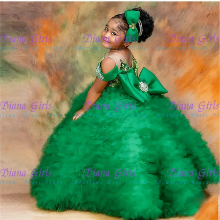 Quality Lovely Flower Girls Dress Tulle Tiered Ruffles With Big Bow Back Floor Length Kids Wedding Birthday Party Ball Gowns