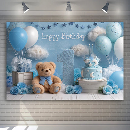 Cute Bear Balloon Blue Theme Banner Decoration Background, Children's Birthday Party, Home Decoration Photography Backdrop Cloth