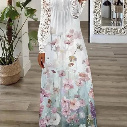 Spring/Summer Fashion Women's Long Sleeve Printed Lace Dresses Elegant Woman White V-neck Slim Fit Party Long Maxi Vestidos 3XL