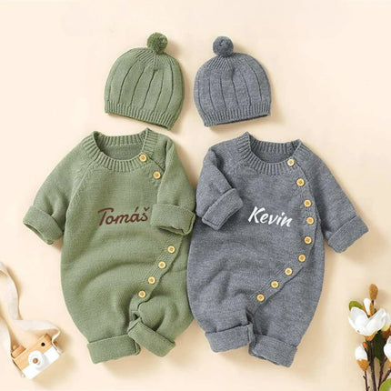 Baby Knitted Jumpsuit with Hat Custom Embroidered Name Newborn Boys Girls Birth Gift Sweater Personalized Cute Crawling Suit Set