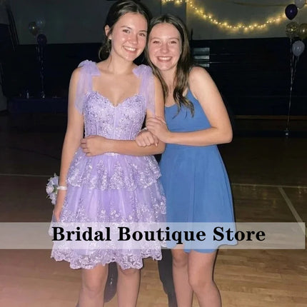 Sparkly Tiered Lace Tulle Homecoming Dresses Short Bow Straps Formal Prom Gowns Sweet 16