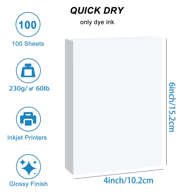 100 Sheets 230Gsm Glossy Photo Printing Paper Single-Side 4R (4x6 Inch) 60lb Thick Inkjet Paper for Home Office Use