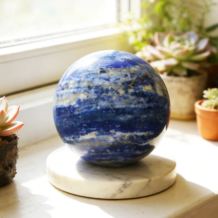 Natural Lapis Lazuli Crystal Sphere Ball 5-6cm with Wood Base Large Orb Royal Blue Gold Pyrite Handmade Polished Tutankhamun Egyptian Wooden Stand Display Home Decor Desk Ornament Office Decor Room Decor Bedroom Decor Table C