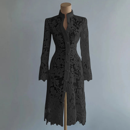 Women's Floral Lace Hollow Out Elegant Dress Solid Single-breasted Stand Collar Sweet Long Sleeve Cardigan Outwear Midi Dresses