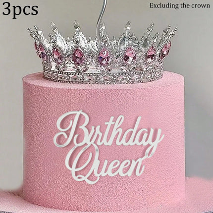 3pcs Birthday Princess Queen Acrylic Cake Topper Gold Silver Mirror Cake Insert Happy Birthday Cake Decoration for Women