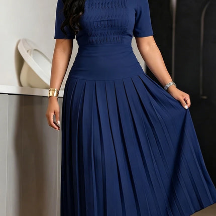 Mlaiscsr Women's Elegant Pleated Maxi Dress Burgundy O Neck Half Sleeve Fold Flowy A-Line Skirt for Church Weddings Formal Event