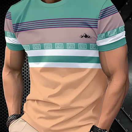 Summer classic men's T-shirt: Outdoor round-neck short-sleeved top with striped print, loose street men's T-shirt with additiona