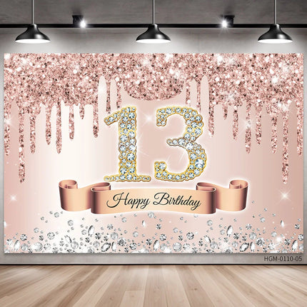 Rose Golden Happy 18th Birthday Party Backdrop Glitter Diamond Birthday Background Girl Sweet Birthday Party banner photography