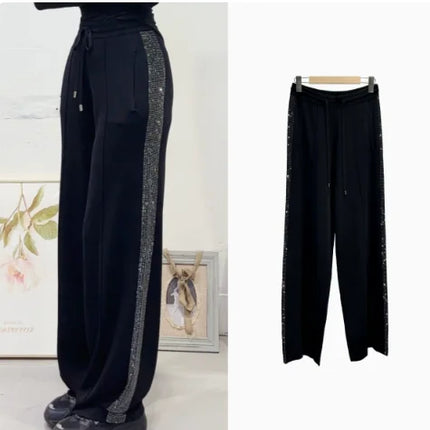 Autumn and Winter New Fashionable Double-Sided Rhinestone Striped Elastic Waist Black Long Casual Pants for Women