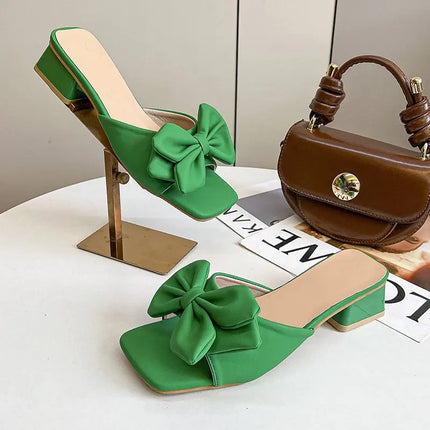 2026 Summer Square Heels Slippers Women Mules Green Butterfly-knot Slides Sandal Shoes Female Plus Big Size 45