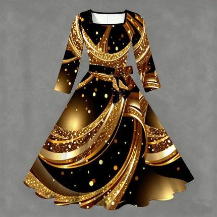 Spring Summer Women's Square Collar Printed Slim Short-sleeved Dress Commuting Beach Vacation Elegant Knee Length Party Skirt