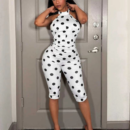 Polka Dot Off-Shoulder Long Sleeve Jumpsuit Women's Waist-Cinching Slim Fit Pleated Bodycon Backless Belted Ankle-Length Pant