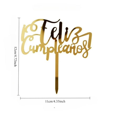 Acylic Feliz Cumpleanos Espanol Spanish Happy Birthday Cake Topper Gold Crown Design Cupcake Baking Supplies Party Decoration