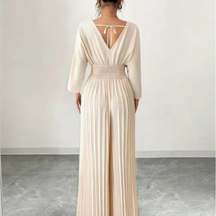 Women Spring Sexy Deep V-neck High-waisted Pleated Jumpsuit Fashion Solid Backless Slim Elegant Office Lady Wide-leg Jumpsuits