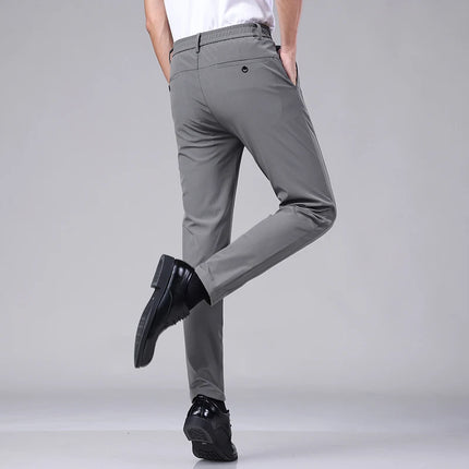 Ultra-thin Elastic Men's Casual Trousers Summer Quick-drying Ice Silk Slim Straight Business Solid Color Trousers Black Gray