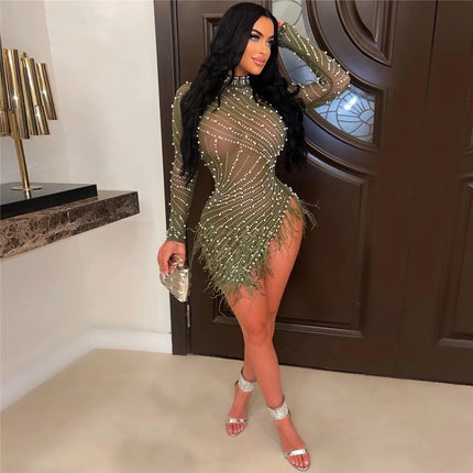 HBLL Sexy Pearls Rhinestone Party Dresses Women Elegant Nightclub Feather Birthday Dress Long Sleeve Mesh Sheer Bodycon Dress