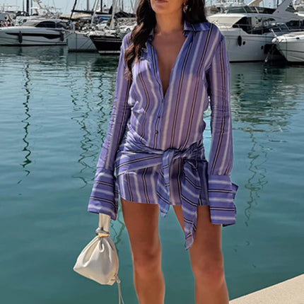 Stripe Wrap Tie Shirt Mini Dress Lapel Collar Long Flare Sleeve Loose Casual Dresses 2026 Summer Beach Vacation Fashion Outfit